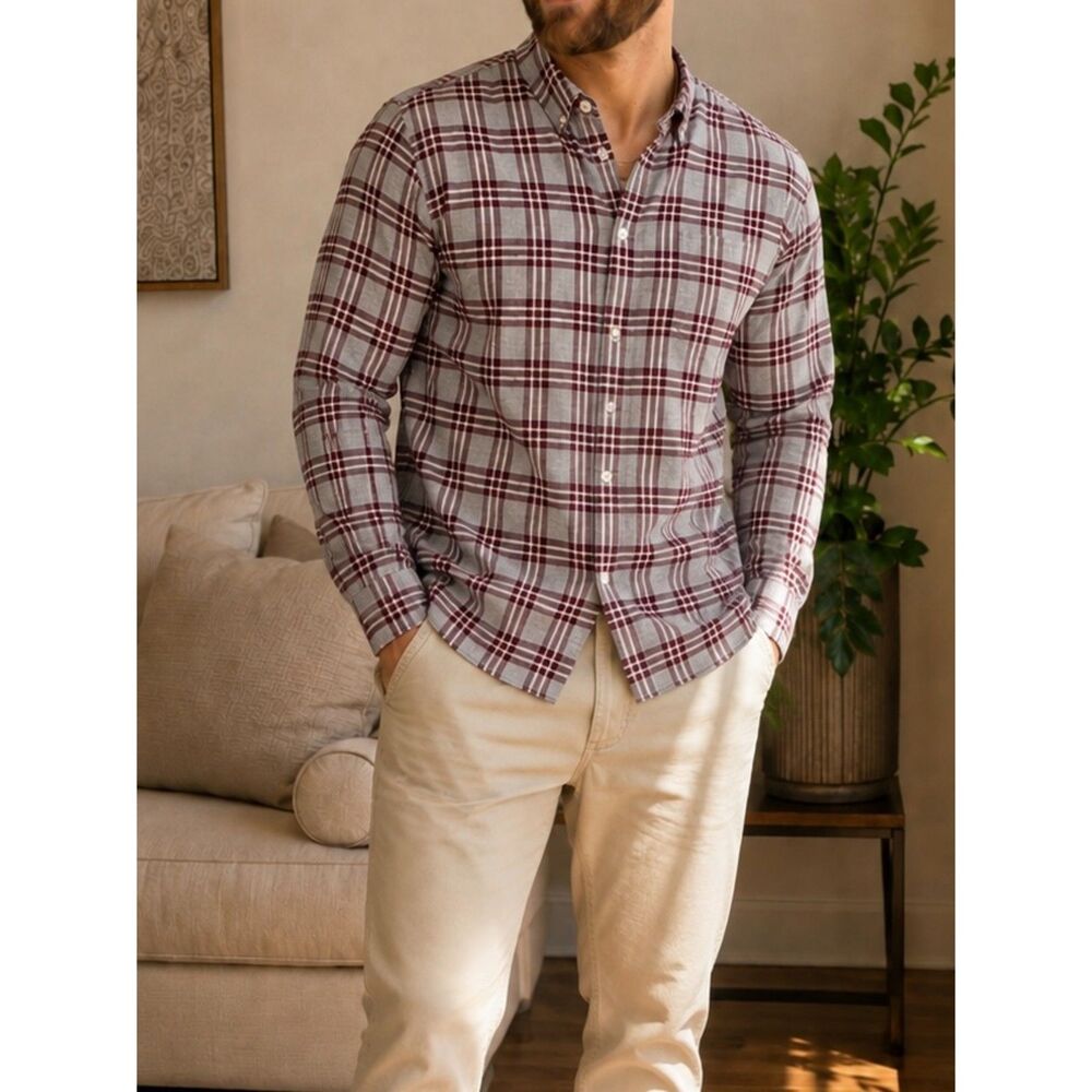 Bonobos Mens Slim Fit Plaid Long Sleeve Cotton Button Down Shirt Burgundy Gray L